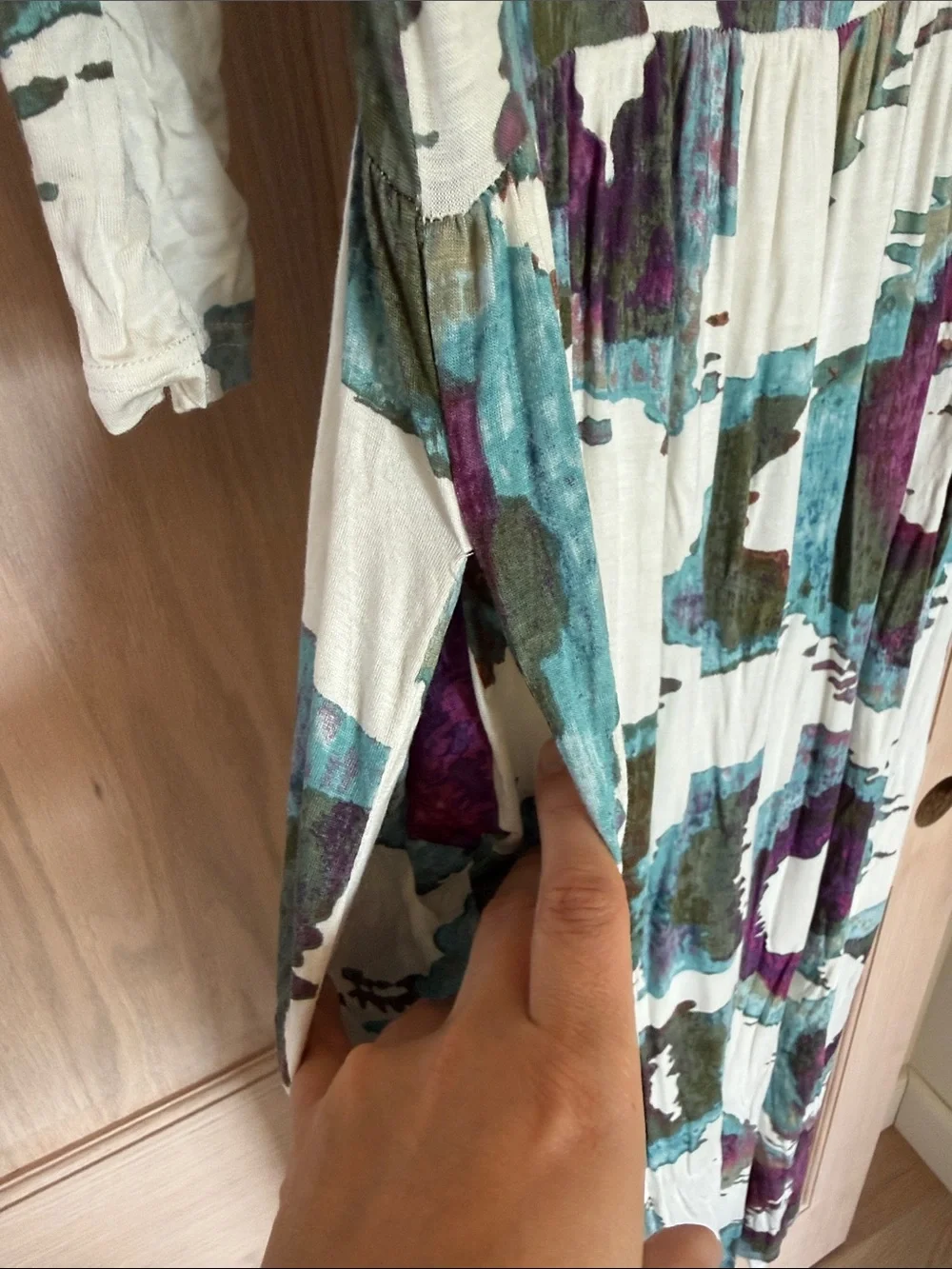 Women's Long Sleeve Maxi Dress in Cream with Teal & Purple Print
